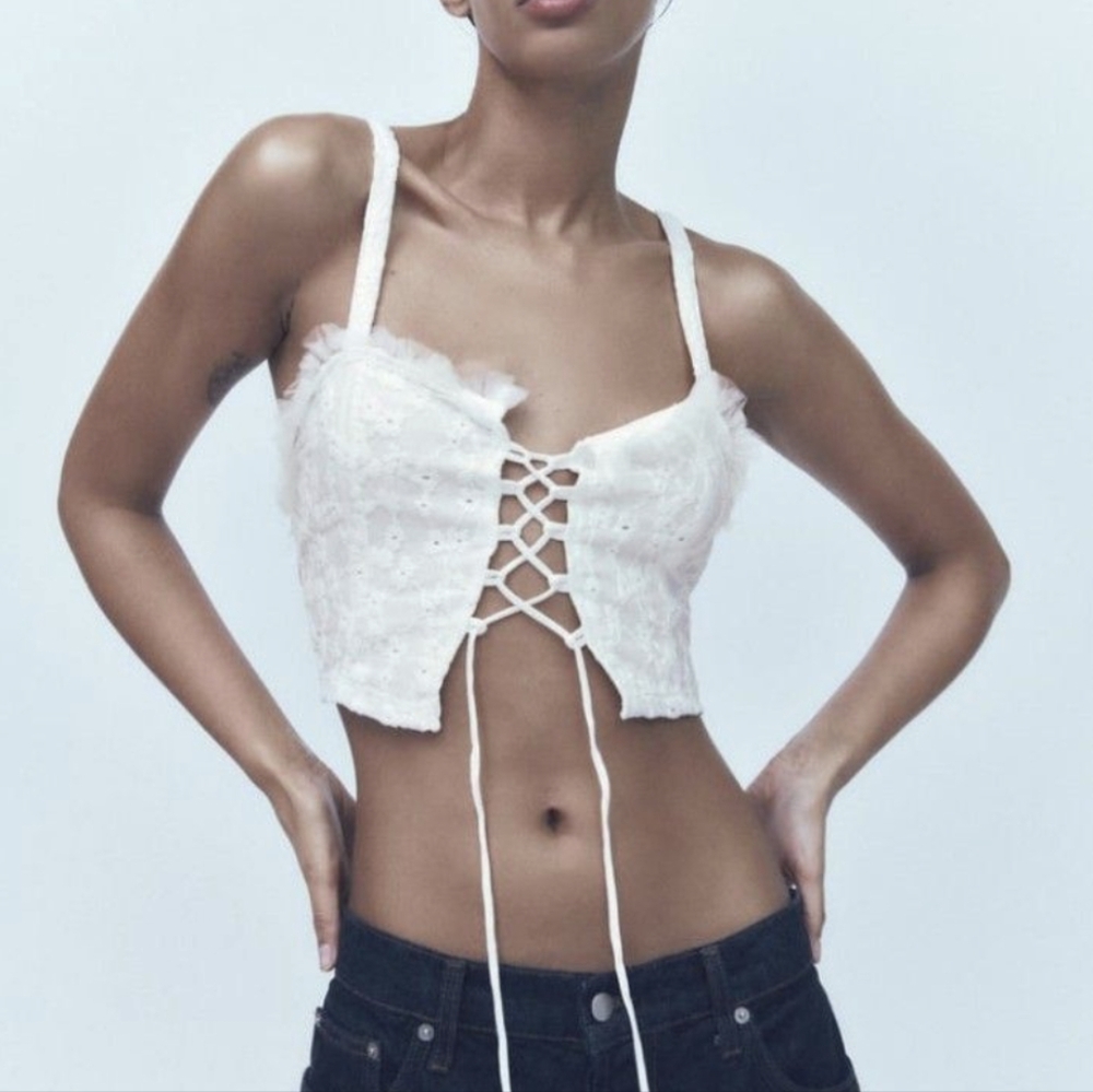 ZARA Lace Front Tie Festival Lingerie Crop Top Sz S